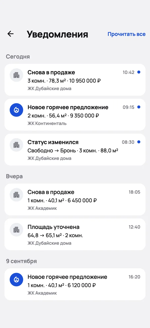 Уведомления приложения о снятых бронях и новых предложениях